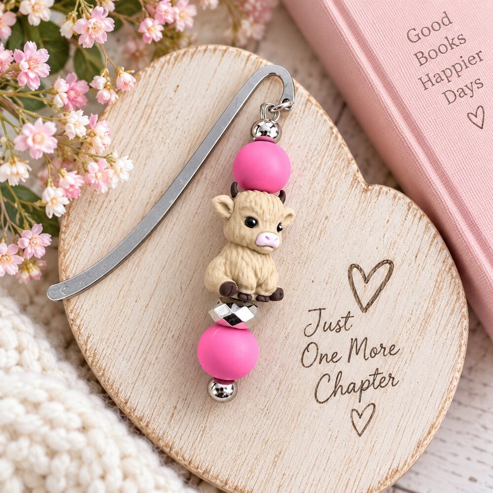 Cute Pink Cow Beaded Metal Bookmark – Farm Animal Book Lover Gift